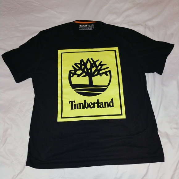 Timberland Black Tee with Neon Yellow Logo Block - Picture 2 of 10